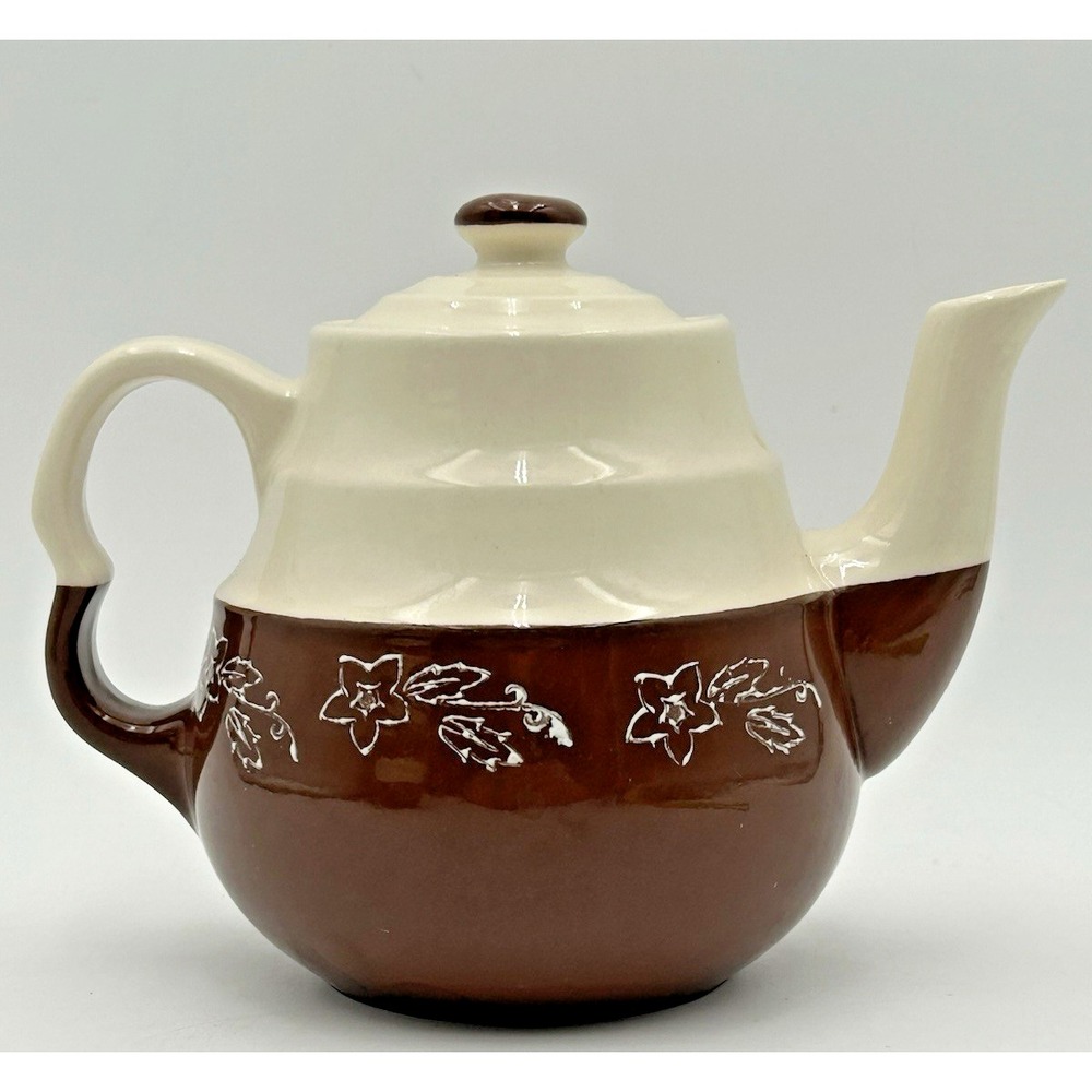 Vintage Universal Oxford Stoneware Brown & Cream Teapot & Lid Snowdrop Flower